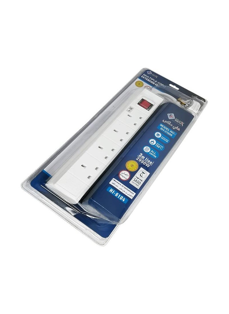 Hi Max - Hi Max Extension Socket 4 Way Multiple Power Cord 2990W 50/60Hz Fused and Overload Anti Fire Protection 3 Meter SH31606 - Image 1
