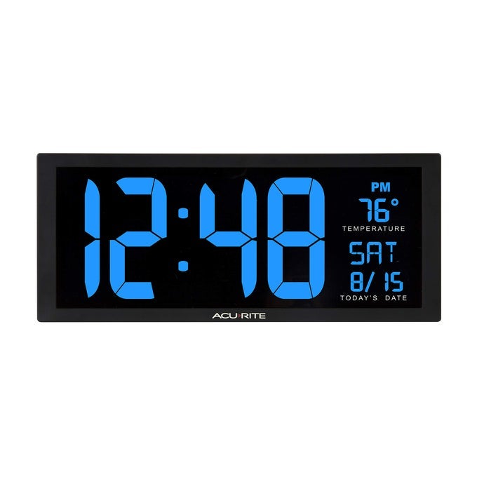 75152M OVERSIZED BLUE LED CLOCK WITH INDOOR TEMPERATURE DATE AND FOLDOUT STAND 145INCH