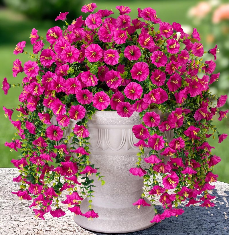 HyeFlora Artificial Faux Hanging Flowers Plant for Outdoor Decor,2 PCS Fake Silk Morning Glory with Eucalyptus UV Resistant Realistic Trailing Vine for Wall Home Porch Patio Balcony Yard Indoor Decor, Fuchsia - Image 1