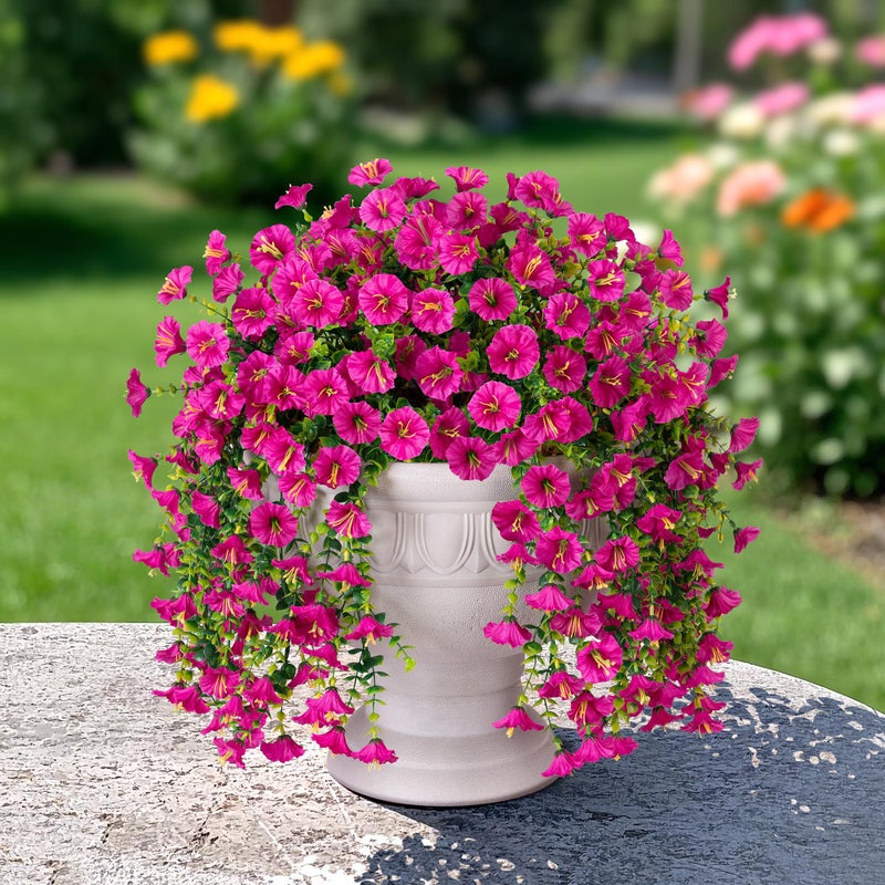 HyeFlora Artificial Faux Hanging Flowers Plant for Outdoor Decor,2 PCS Fake Silk Morning Glory with Eucalyptus UV Resistant Realistic Trailing Vine for Wall Home Porch Patio Balcony Yard Indoor Decor, Fuchsia - Image 5