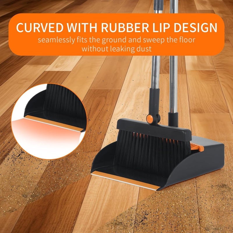 HOUSLET Broom and Dustpan Set, Large Brooms and Dust Pans with 48'' Long Handle, Upright Broom and Dustpan Comb for Lobby Dog Cat Pets Hair Home Use and Kitchen Cleaning (Orange and Black) - Image 4
