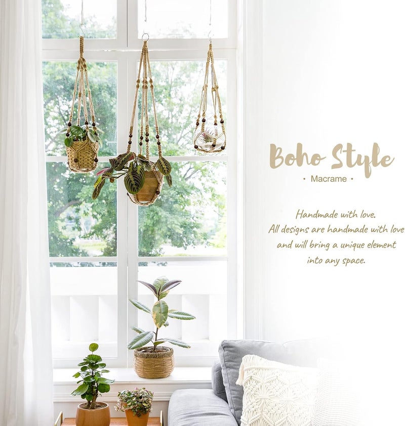 Mkono Macrame Plant Hanger Indoor Jute Hanging Planter Basket with Wood Beads Decorative Flower Pot Holder No Tassels for Indoor Outdoor Boho Home Decor 35 Inch, Brown, Set of 1 (POTS NOT Included) - Image 3
