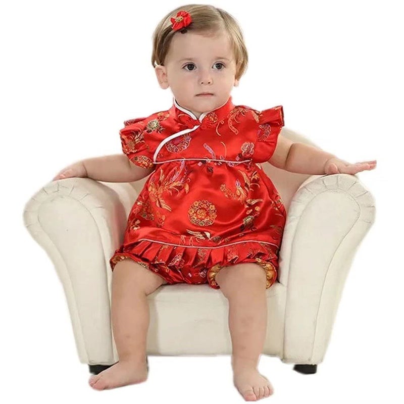 SZCQ Little Girl Chinese Qipao Dress Suit Traditional Cheongsam Top Pant Baby Girls New Year Costumes Phoenix Red L