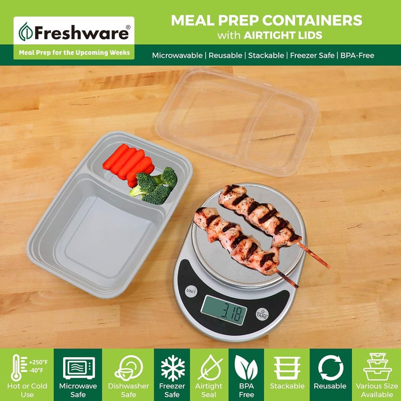 Freshware حاويات تحضير الوجبات من فريش وير 25 حزمة 2 قسم مع أغطية حاويات تخزين الطعام صندوق بنتو خالي من BPA قابلة للتكديس آمنة في الميكروويف وغسالة الصحون والفريزر 28 أونصة رمادي - Image 2