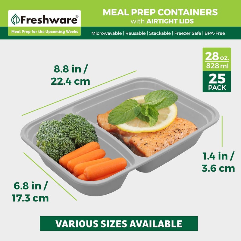 Freshware حاويات تحضير الوجبات من فريش وير 25 حزمة 2 قسم مع أغطية حاويات تخزين الطعام صندوق بنتو خالي من BPA قابلة للتكديس آمنة في الميكروويف وغسالة الصحون والفريزر 28 أونصة رمادي - Image 4