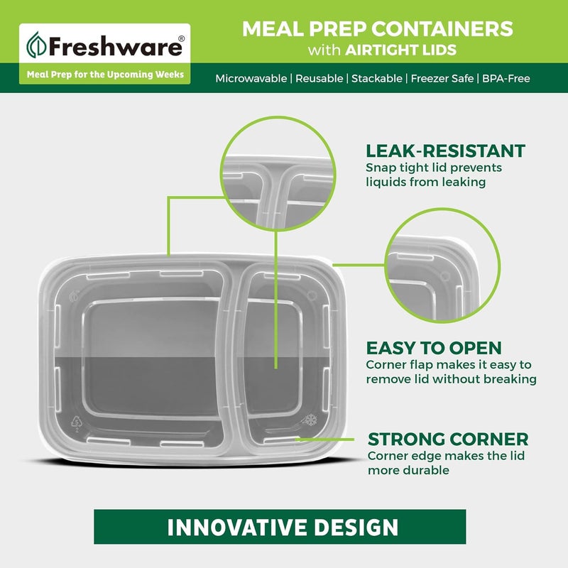 Freshware حاويات تحضير الوجبات من فريش وير 25 حزمة 2 قسم مع أغطية حاويات تخزين الطعام صندوق بنتو خالي من BPA قابلة للتكديس آمنة في الميكروويف وغسالة الصحون والفريزر 28 أونصة رمادي - Image 5