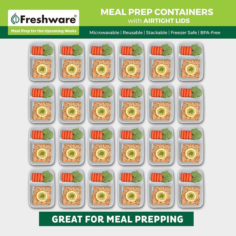 Freshware حاويات تحضير الوجبات من فريش وير 25 حزمة 2 قسم مع أغطية حاويات تخزين الطعام صندوق بنتو خالي من BPA قابلة للتكديس آمنة في الميكروويف وغسالة الصحون والفريزر 28 أونصة رمادي - Image 3