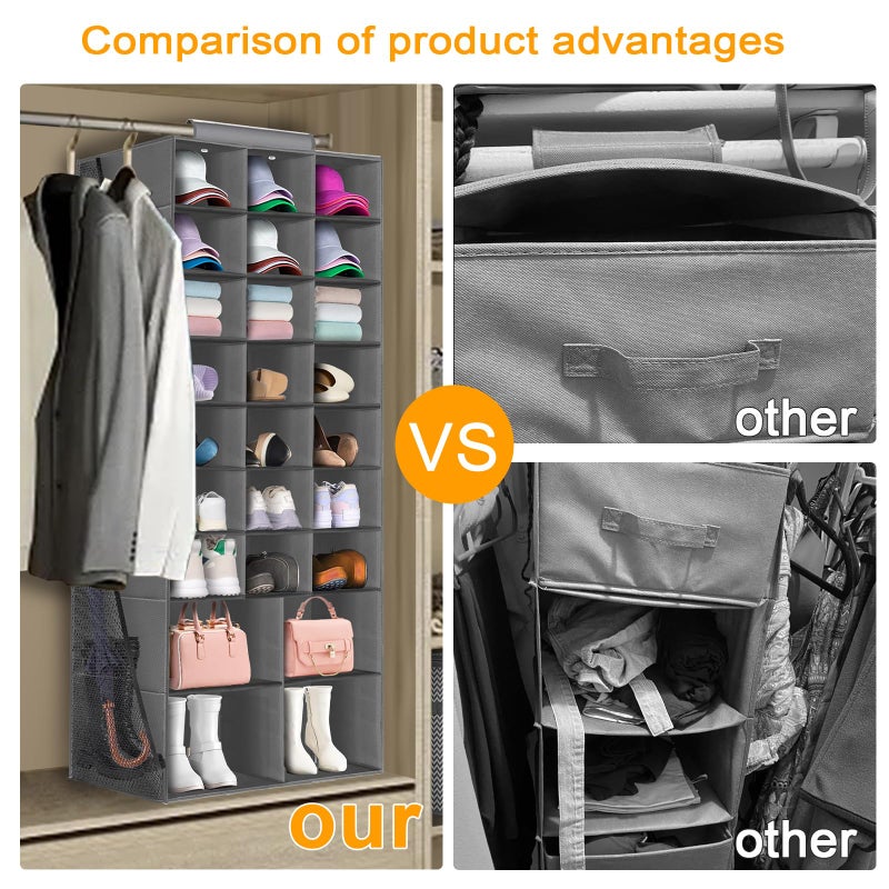 VERONLY Hanging Shoe Organizer for Closet, Closet Hanging Shoe Storage Rack Holder Shelves,Collapsible Shoe Closet Organizers and Storage with 4 Large Side Pockets,25 Sections for Shoes,Hats,Clothes(Gray) - Image 4