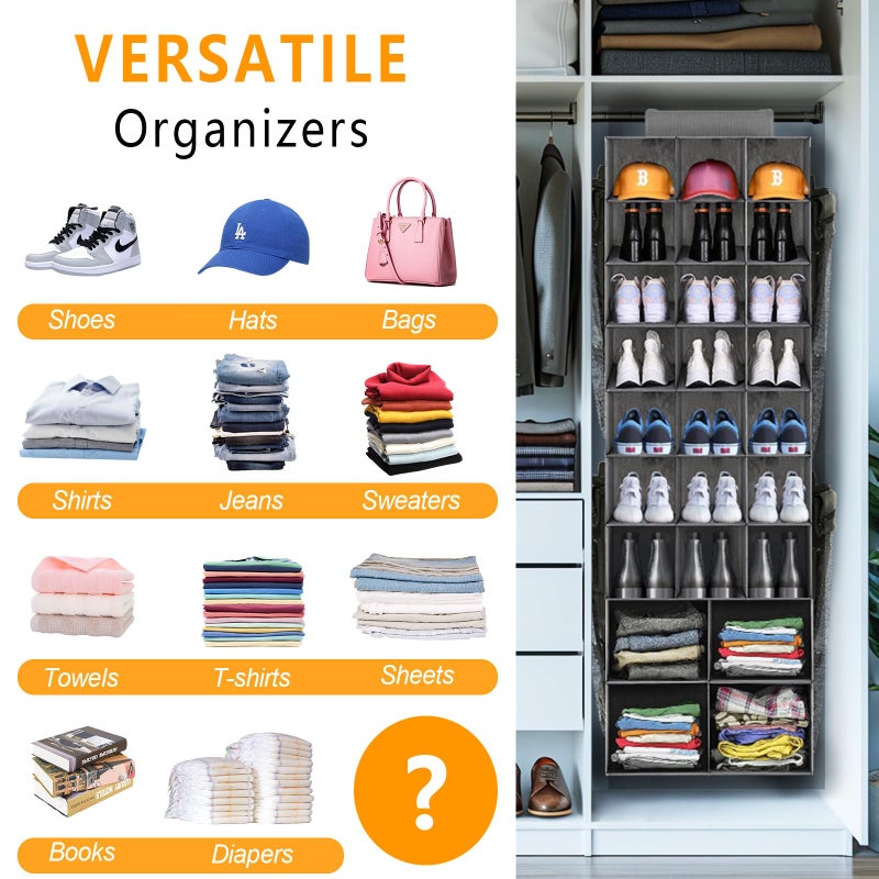 VERONLY Hanging Shoe Organizer for Closet, Closet Hanging Shoe Storage Rack Holder Shelves,Collapsible Shoe Closet Organizers and Storage with 4 Large Side Pockets,25 Sections for Shoes,Hats,Clothes(Gray) - Image 3