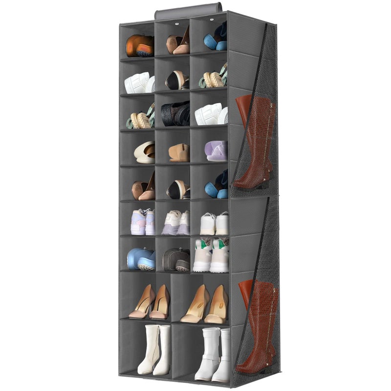 VERONLY Hanging Shoe Organizer for Closet, Closet Hanging Shoe Storage Rack Holder Shelves,Collapsible Shoe Closet Organizers and Storage with 4 Large Side Pockets,25 Sections for Shoes,Hats,Clothes(Gray) - Image 1