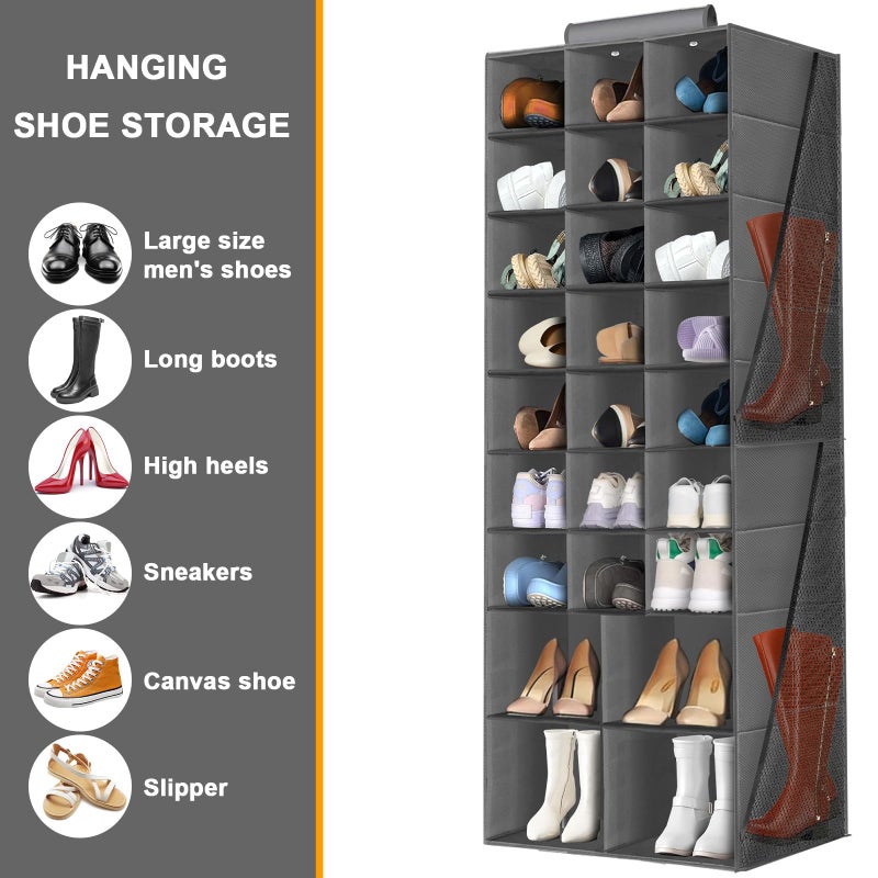 VERONLY Hanging Shoe Organizer for Closet, Closet Hanging Shoe Storage Rack Holder Shelves,Collapsible Shoe Closet Organizers and Storage with 4 Large Side Pockets,25 Sections for Shoes,Hats,Clothes(Gray) - Image 2