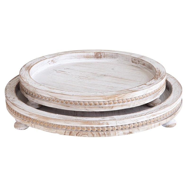 MACVAD 2 Piece Whitewashed Wooden Serving Tray Set with Beaded Design, Farmhouse Centerpiece Table Decorations, Round Coffee Table Tray for Living Room Home Decor, Ottoman Tray Decor for Rustic Styles - Image 1