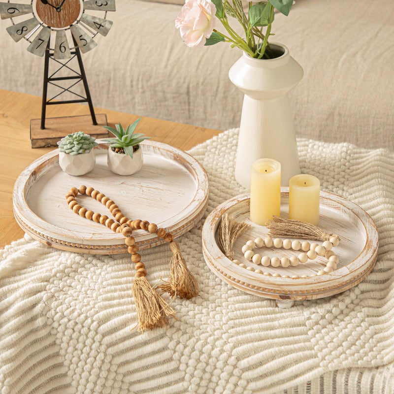 MACVAD 2 Piece Whitewashed Wooden Serving Tray Set with Beaded Design, Farmhouse Centerpiece Table Decorations, Round Coffee Table Tray for Living Room Home Decor, Ottoman Tray Decor for Rustic Styles - Image 2