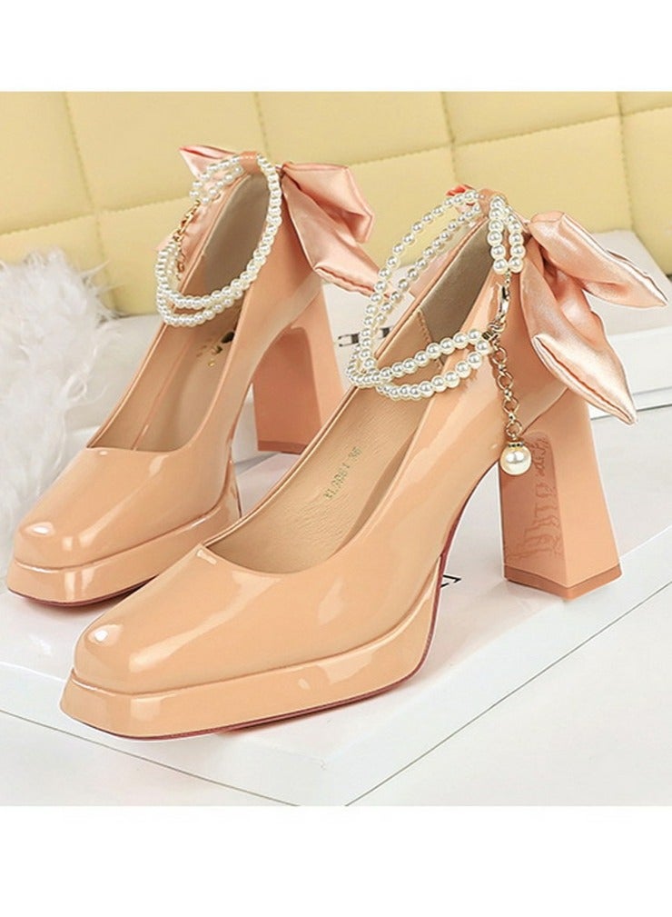 بيج تري المرأة براءة الاختراع منصة الجلد الكعب العالي مربع مغلق إصبع القدم مضخات بيج 9CM - Image 1