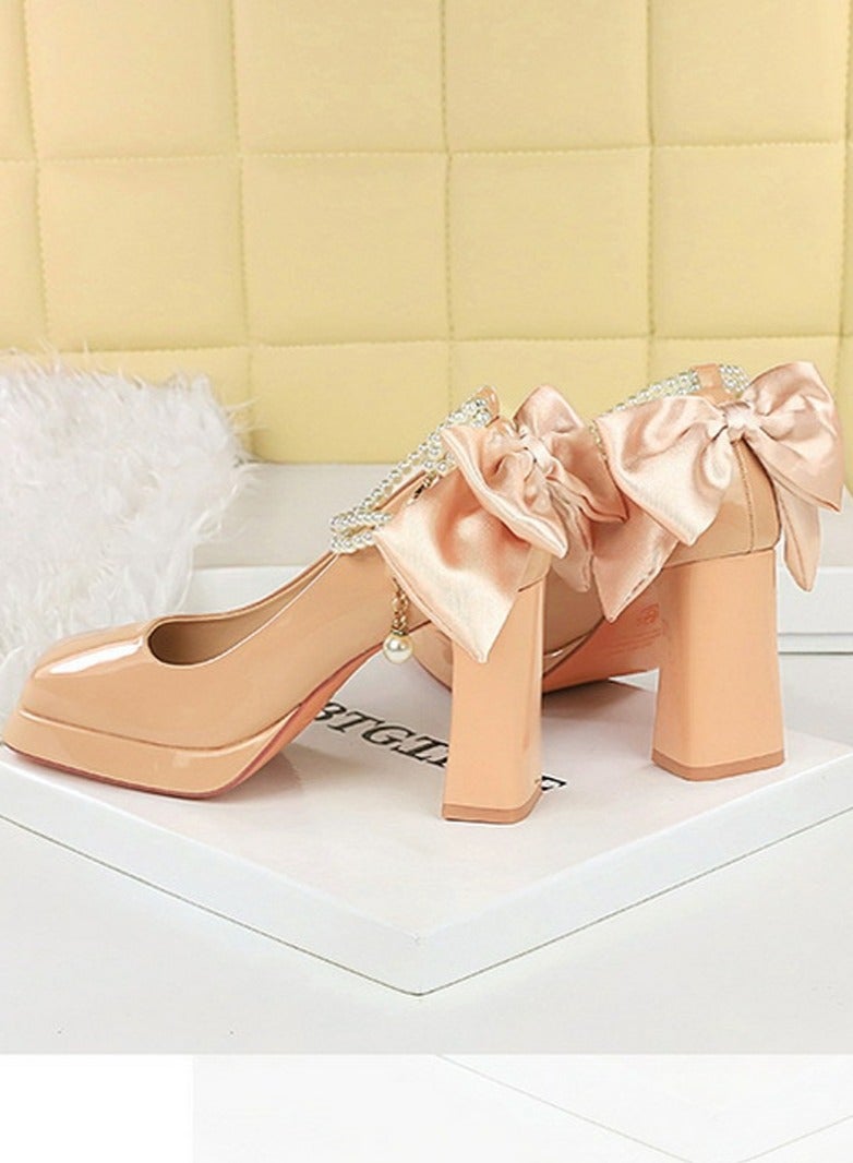 بيج تري المرأة براءة الاختراع منصة الجلد الكعب العالي مربع مغلق إصبع القدم مضخات بيج 9CM - Image 3