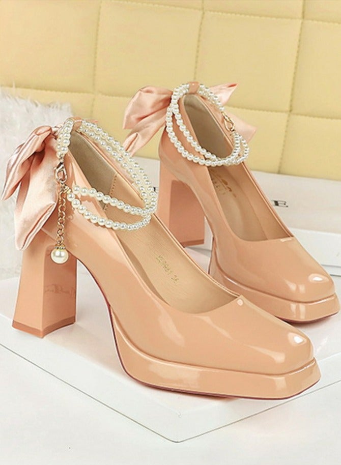 بيج تري المرأة براءة الاختراع منصة الجلد الكعب العالي مربع مغلق إصبع القدم مضخات بيج 9CM - Image 2