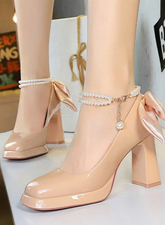 بيج تري المرأة براءة الاختراع منصة الجلد الكعب العالي مربع مغلق إصبع القدم مضخات بيج 9CM - Image 4