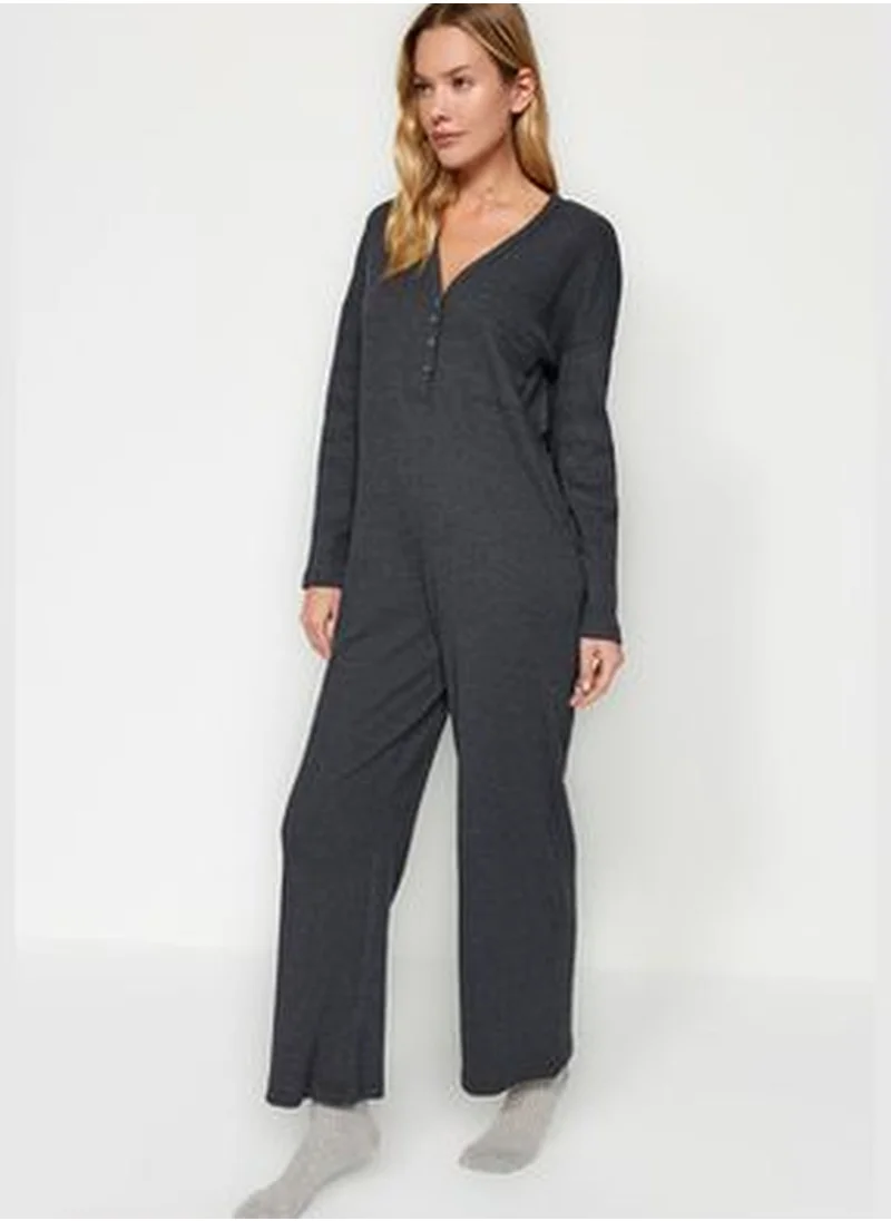 trendyol Anthracite Pocket and Button Detailed Corduroy Knit Overalls THMAW24TU00007