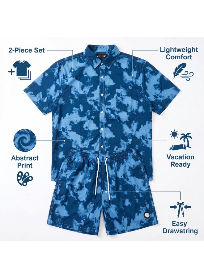 IceZone Men's 2 Piece Matching Set, Ocean Mist Blue Tie-Dye, Short Sleeve Button Up Shirt & Quick Dry Swim Shorts, Summer Beach Outfit - Image 2
