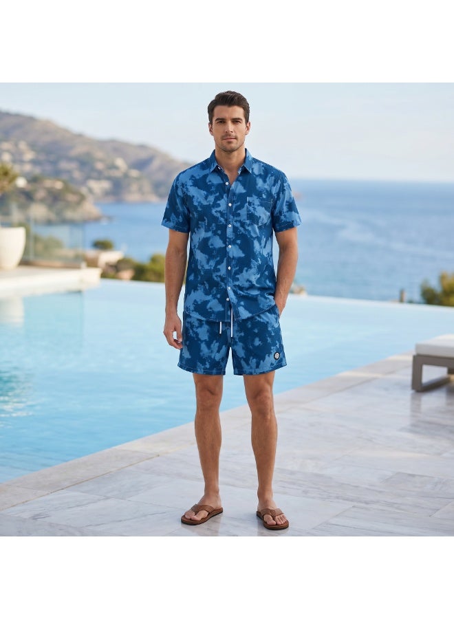 IceZone Men's 2 Piece Matching Set, Ocean Mist Blue Tie-Dye, Short Sleeve Button Up Shirt & Quick Dry Swim Shorts, Summer Beach Outfit - Image 1