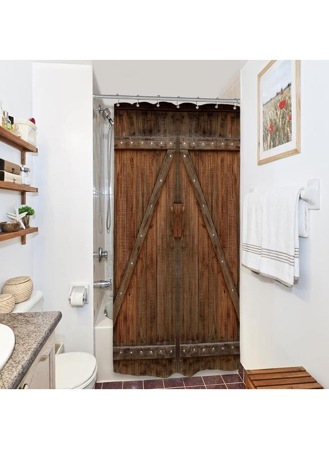 Riyidecor Rustic Small Barn Door Shower Curtain 36Wx72H Outdoor Stall 36 Inch Half Single Stand Up Shower Curtain Country Barnwood Decor Fabric Polyester Waterproof 7 Pack Plastic Hooks - Image 2