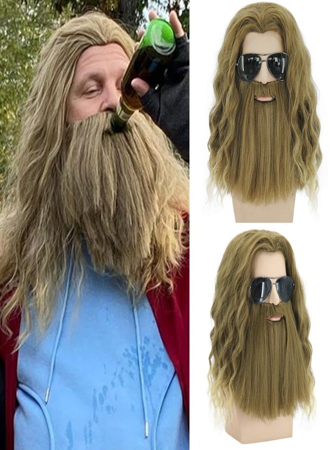 MAGQOO Golden Brown Wig with Beard Mustaches Men's Long Curly Wig Golden Brown Hair Wigs Halloween Cosplay Costume Party Wigs - Image 1