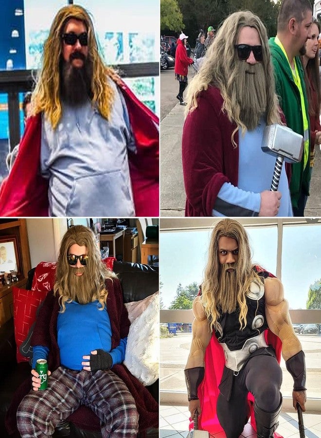 MAGQOO Golden Brown Wig with Beard Mustaches Men's Long Curly Wig Golden Brown Hair Wigs Halloween Cosplay Costume Party Wigs - Image 2