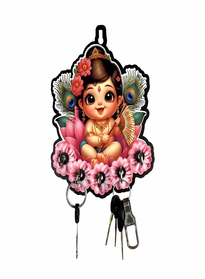 Woodkey Baby Krishna Key Holder for Wall – Decorative Wooden Key Stand with 5 Hooks | Spiritual Wall Hanging Key Organizer for Home & Office | Made in India - Image 1
