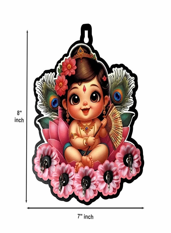 Woodkey Baby Krishna Key Holder for Wall – Decorative Wooden Key Stand with 5 Hooks | Spiritual Wall Hanging Key Organizer for Home & Office | Made in India - Image 4
