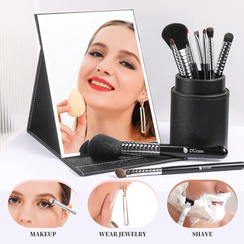 Krivety Krivety Portable Folding Vanity Round Compact Makeup Mirror with Stand for Desk Table Slim PU Leather Folding Princess Makeup Tabletop Camping Travel Cosmetic Mirror with Standing Black 2  - Image 2