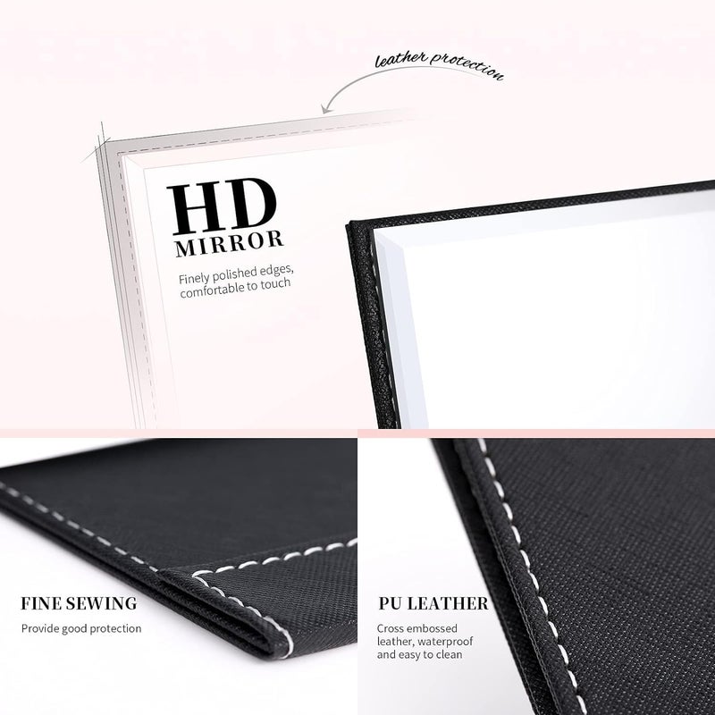 Krivety Krivety Portable Folding Vanity Round Compact Makeup Mirror with Stand for Desk Table Slim PU Leather Folding Princess Makeup Tabletop Camping Travel Cosmetic Mirror with Standing Black 2  - Image 4
