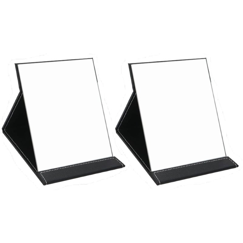 Krivety Krivety Portable Folding Vanity Round Compact Makeup Mirror with Stand for Desk Table Slim PU Leather Folding Princess Makeup Tabletop Camping Travel Cosmetic Mirror with Standing Black 2  - Image 1