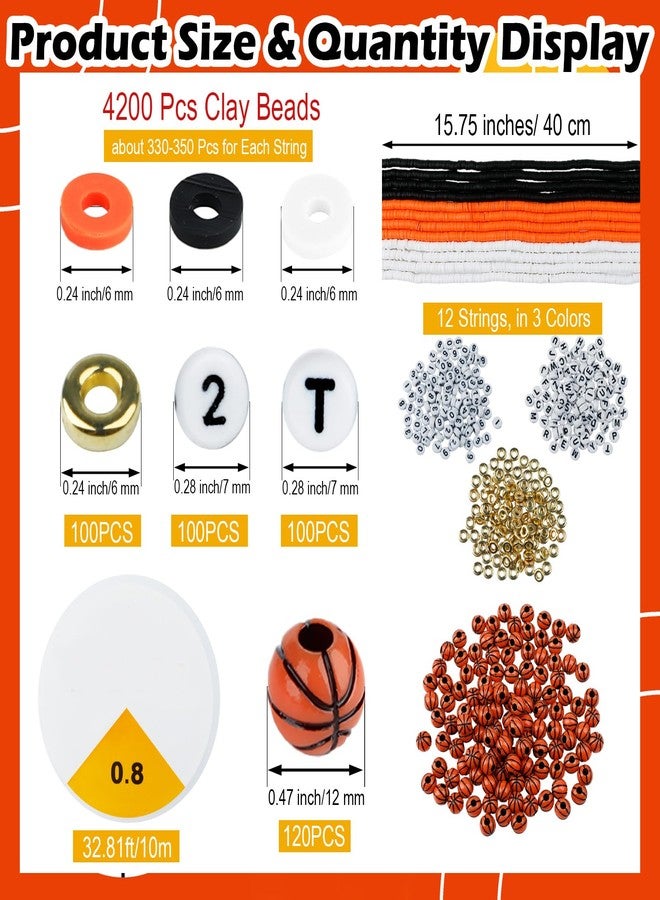 rolyta 4200 Pcs Basketball Clay Beads Bracelet Making Kit, 12 Strands Black/White/Orange Clay Beads 100 Letter Number Bead 120 Basketball Acrylic with Gold Spacers, Friendship Bracelet Kit for Sport Parties - Image 2