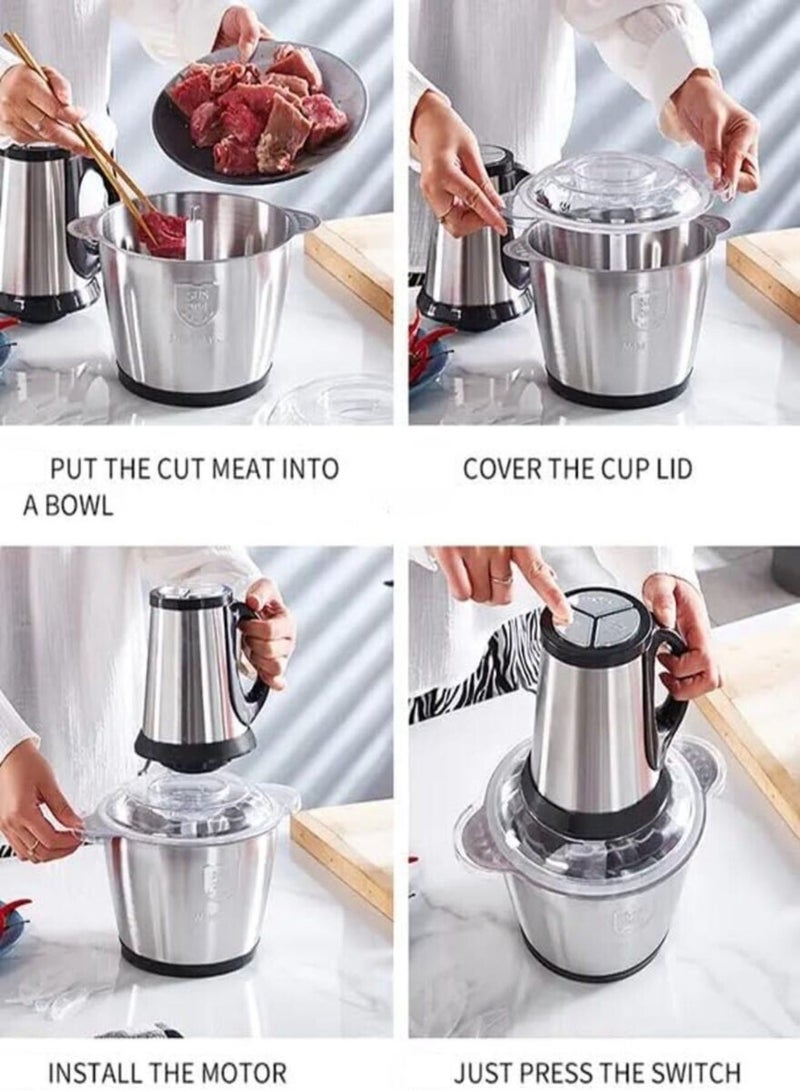 gvc pro 3L Stainless Steel Meat and Vegetable Electric Chopper with 4 Sharp Blades, 350W, and Three Speed Settings 3 L 350 W GVCH-983 Silver - Image 4