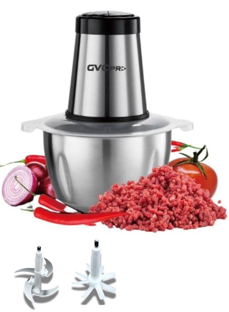 gvc pro 3L Stainless Steel Meat and Vegetable Electric Chopper with 4 Sharp Blades, 350W, and Three Speed Settings 3 L 350 W GVCH-983 Silver - Image 1