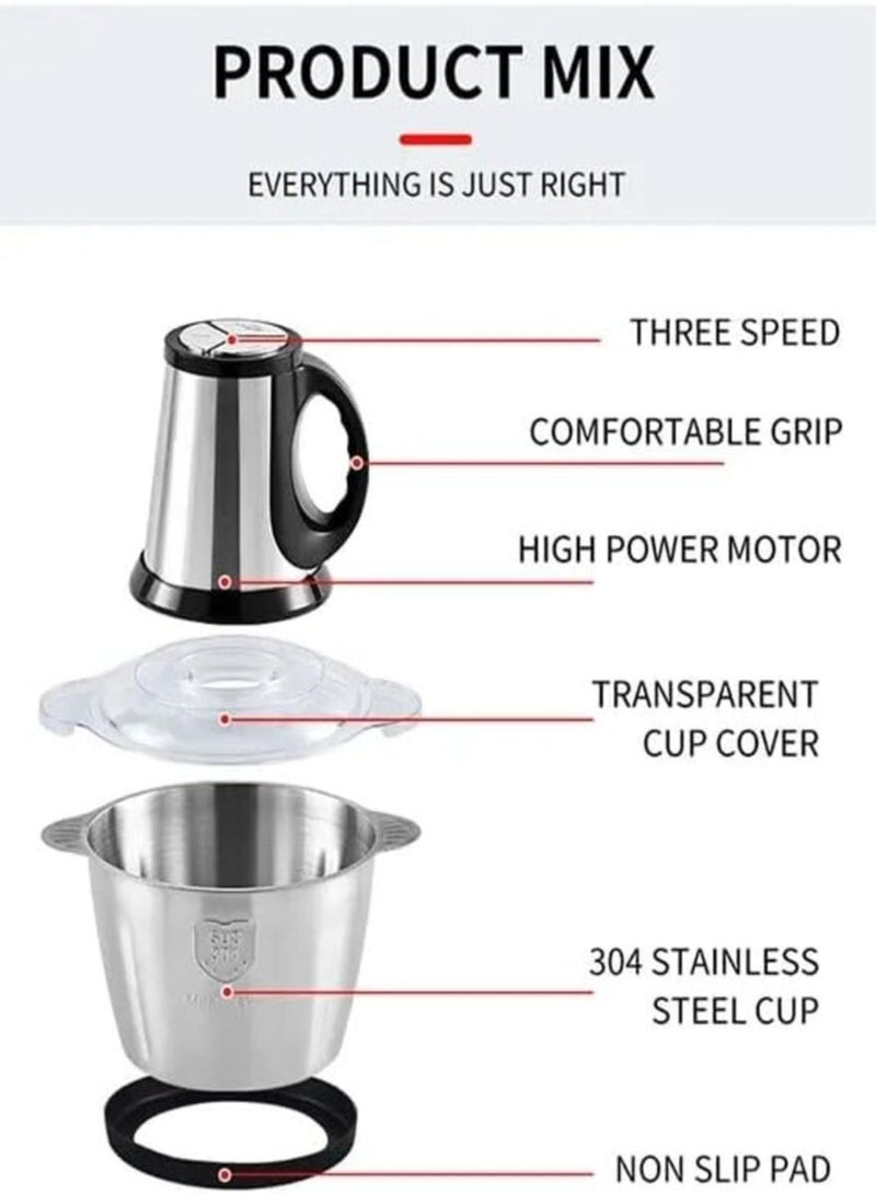 gvc pro 3L Stainless Steel Meat and Vegetable Electric Chopper with 4 Sharp Blades, 350W, and Three Speed Settings 3 L 350 W GVCH-983 Silver - Image 2