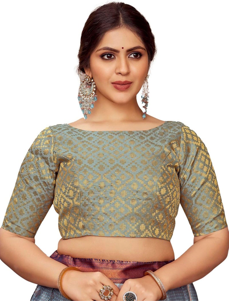 Vardha Brocade Readymade Elbow Length Sleeves Saree Blouse Patola Designs| Boat Neck Grey Blouse - Image 1