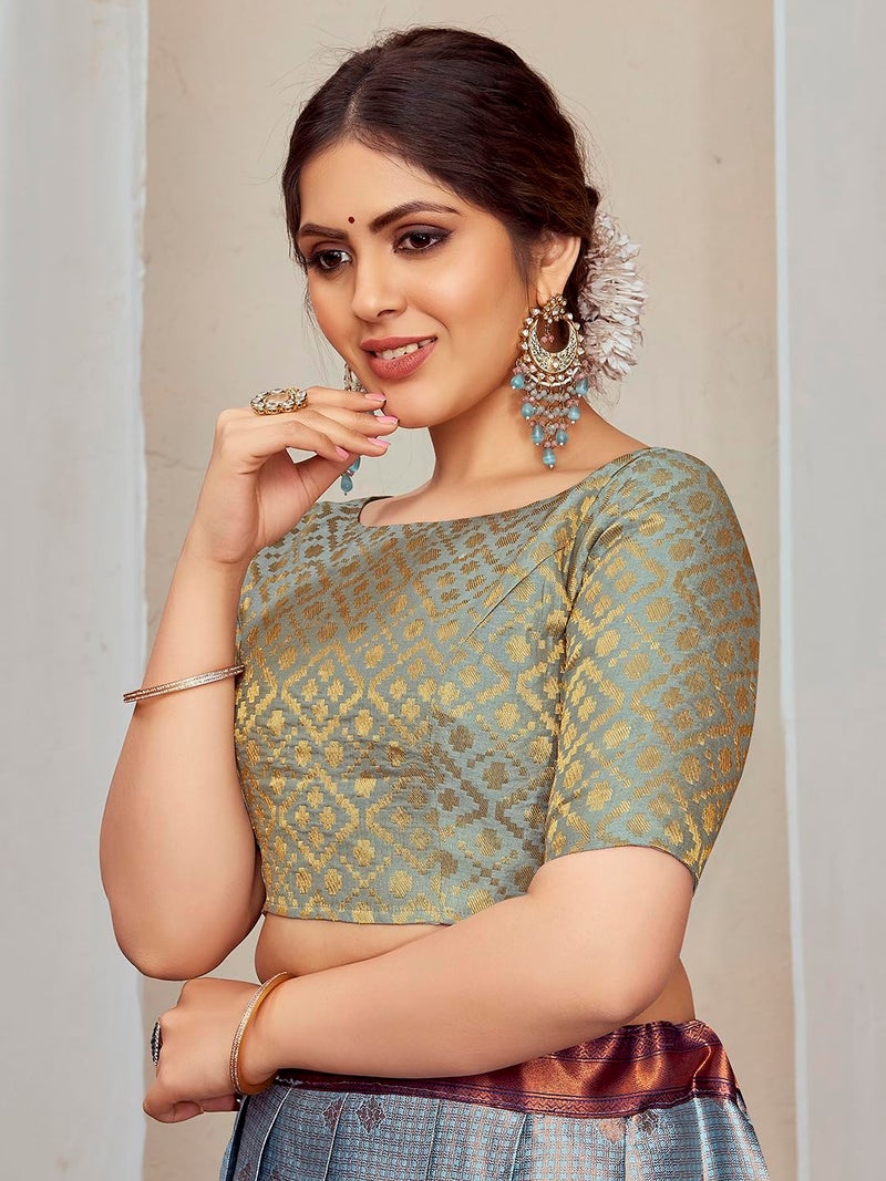 Vardha Brocade Readymade Elbow Length Sleeves Saree Blouse Patola Designs| Boat Neck Grey Blouse - Image 3