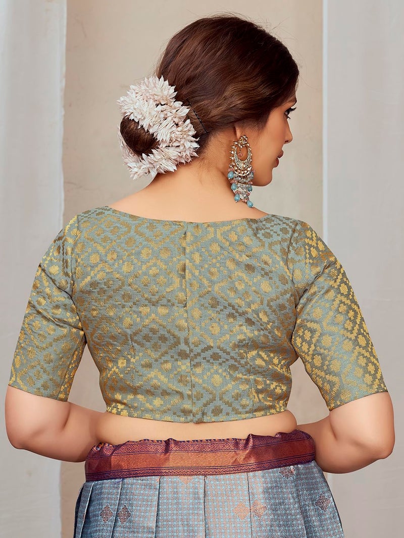 Vardha Brocade Readymade Elbow Length Sleeves Saree Blouse Patola Designs| Boat Neck Grey Blouse - Image 5