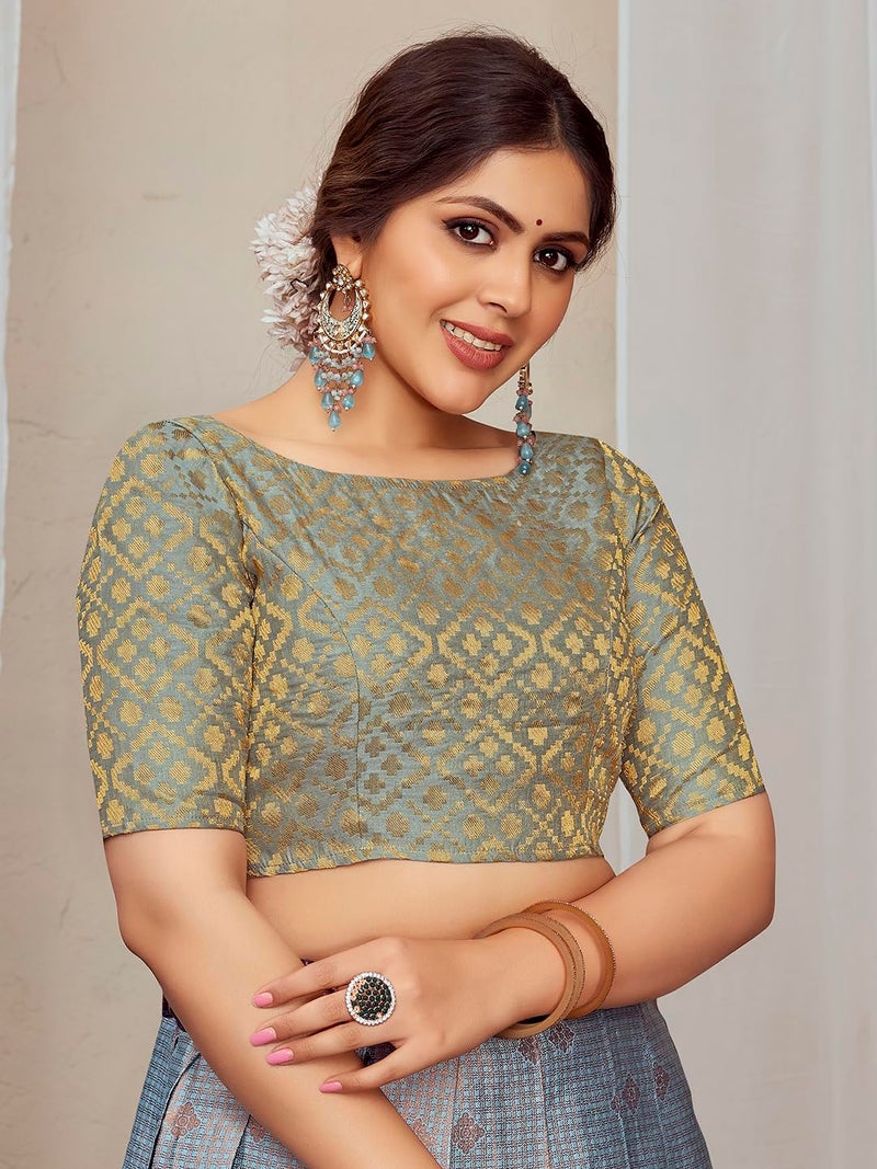 Vardha Brocade Readymade Elbow Length Sleeves Saree Blouse Patola Designs| Boat Neck Grey Blouse - Image 4
