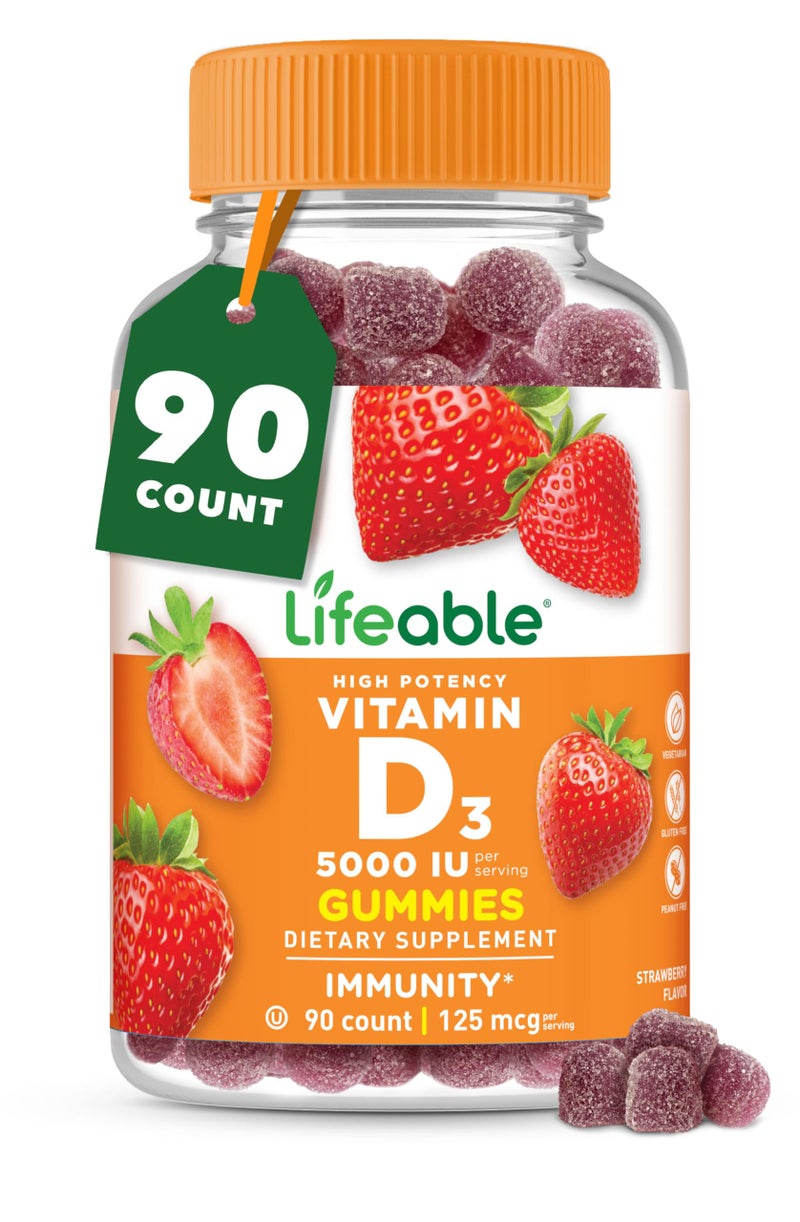 Lifeable Vitamin D Gummies for Adults 5000 IU Great Tasting D3 Vitamin Immune Support and Healthy Bones Vitamin D Supplement for Men Women 90 Gummies Lifeable