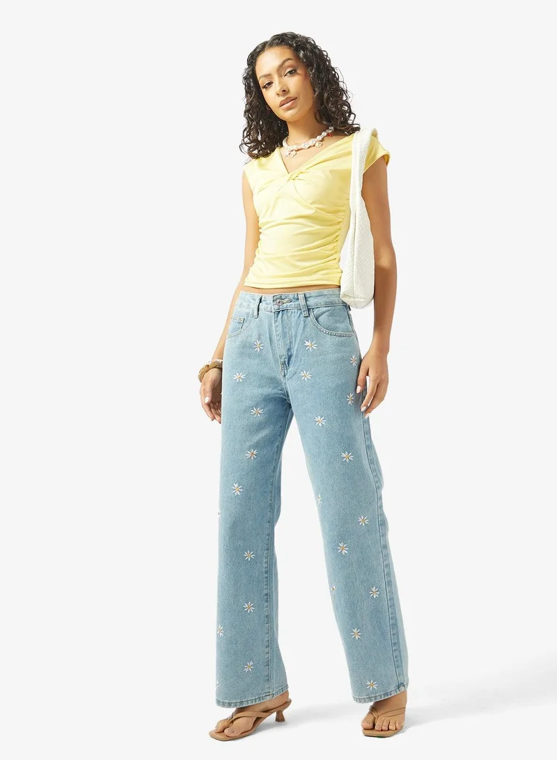 Ginger Mid Rise Floral Embroidered Straight Fit Jeans