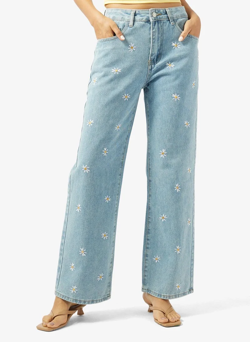Ginger Mid Rise Floral Embroidered Straight Fit Jeans