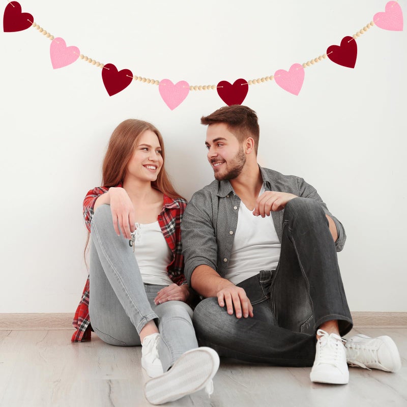 LIGHOON Valentines Decorations Felt Hearts Banner Red Pink Garlands with Wood Beads Happy Valentines Day Banner for Home Mantel Wedding, Anniversary Party Supplies - Image 4