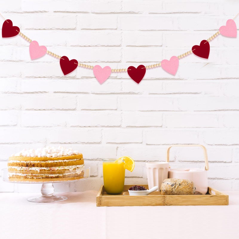 LIGHOON Valentines Decorations Felt Hearts Banner Red Pink Garlands with Wood Beads Happy Valentines Day Banner for Home Mantel Wedding, Anniversary Party Supplies - Image 3