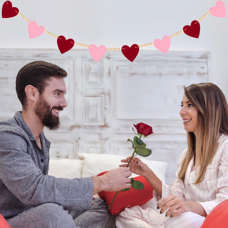 LIGHOON Valentines Decorations Felt Hearts Banner Red Pink Garlands with Wood Beads Happy Valentines Day Banner for Home Mantel Wedding, Anniversary Party Supplies - Image 5