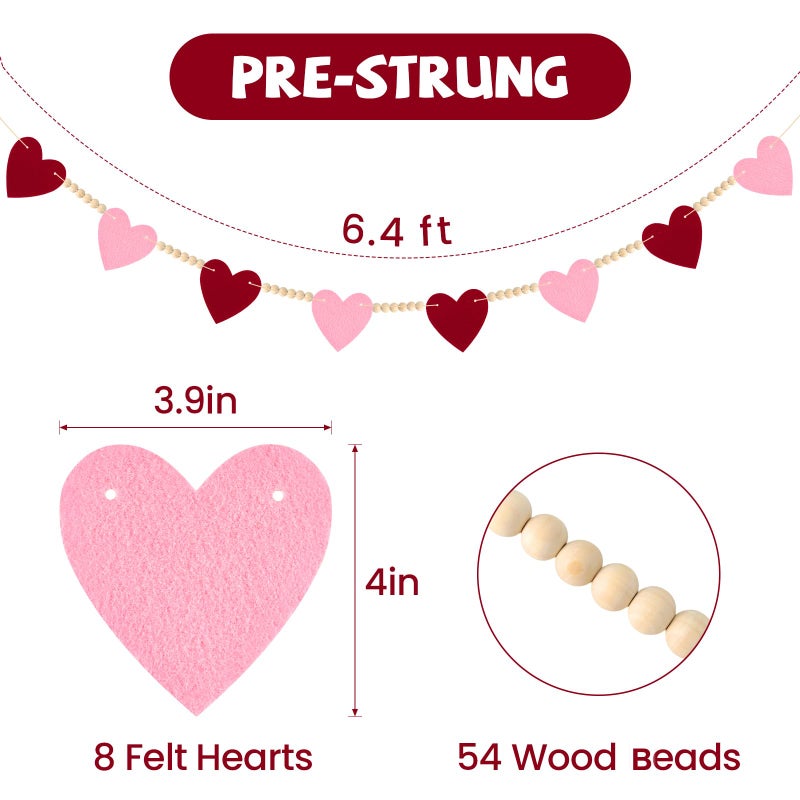 LIGHOON Valentines Decorations Felt Hearts Banner Red Pink Garlands with Wood Beads Happy Valentines Day Banner for Home Mantel Wedding, Anniversary Party Supplies - Image 2