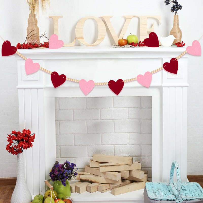 LIGHOON Valentines Decorations Felt Hearts Banner Red Pink Garlands with Wood Beads Happy Valentines Day Banner for Home Mantel Wedding, Anniversary Party Supplies - Image 1