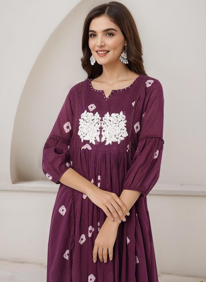 ISHIN Women'S Wine 100% Cotton Embroidered Tunic Full Length Palazzo Straight Fit Kurta Set - Image 2