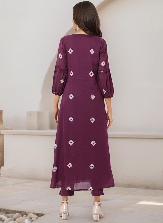 ISHIN Women'S Wine 100% Cotton Embroidered Tunic Full Length Palazzo Straight Fit Kurta Set - Image 3